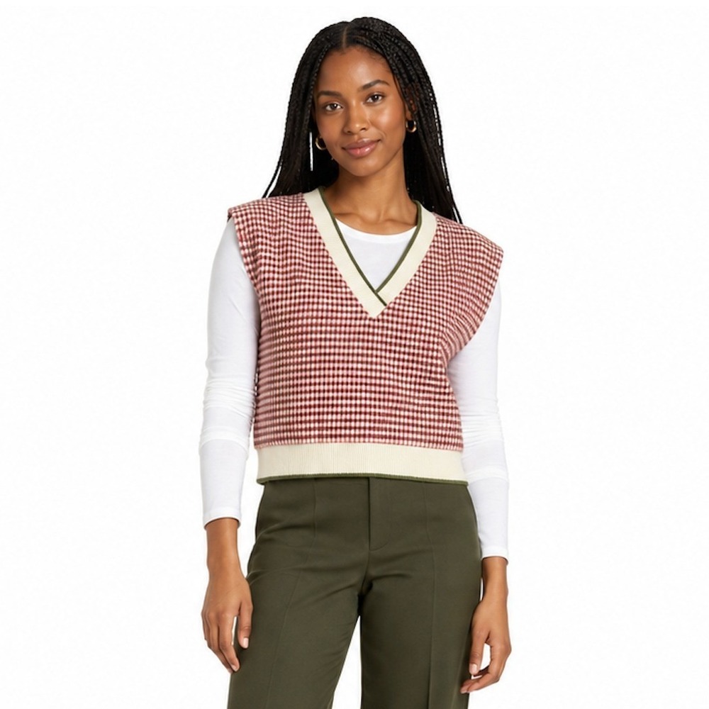 Zara Red Green Gingham Check Knit Sweater Vest V-Neck Cotton LARGE